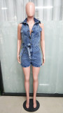 Sleeveless Skinny Waist Washed Denim Romper LX-6979