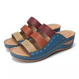 Colorblocked Hollow Out Slope Heel One Slippers GYUX-45566