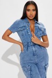Short Sleeve Single Breasted Denim Straight Jumpsuit LX-6201