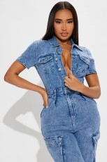 Short Sleeve Single Breasted Denim Straight Jumpsuit LX-6201