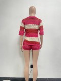 Loose Fashion Deep V-Neck Color Block Knit Shorts Set NYF-8170