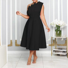 Slash Shoulder Sleeveless Big Swing Midi Dress BGN-0014
