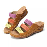 Colorblocked Hollow Out Slope Heel One Slippers GYUX-45566
