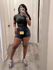 Short Sleeve Rib Solid Two Piece Short Set CH-24020