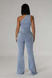Slanted Shoulder Sleeveless Denim Flare Jumpsuit LX-6976