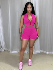 Sleeveless Zipper Tops Shorts Knits 2 Piece Set MIL-T117