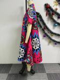 Print V Neck Zipper Big Swing Midi Dress NY-10768