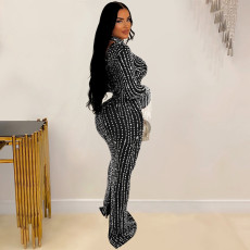 Long Sleeve Mesh Hot Drill Maxi Dress BY-6919