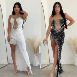 Hot Drill Pearl Patchwork Sleeveless Split Maxi Dress NY-3181