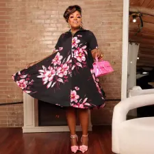 Print V Neck Zipper Big Swing Midi Dress NY-10768