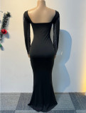 Long Sleeve Hot Drill Micro Flare Maxi Dress NY-3168