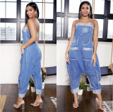 Fashion Denim Wrap Chest Patchwork Jumpsuit NY-5006