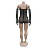 Solid Mesh Hot Drill See Through Romper BY-6902