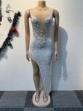 Hot Drill Pearl Patchwork Sleeveless Split Maxi Dress NY-3181