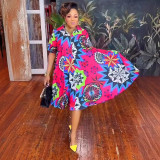 Print V Neck Zipper Big Swing Midi Dress NY-10768