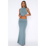 Solid Color Sleeveless Half Body Skirt Two Piece Set ASL-6712