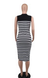 Sleeveless Stripe Print Split Midi Dress XHXF-405