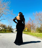 Long Sleeve Hot Drill Micro Flare Maxi Dress NY-3168