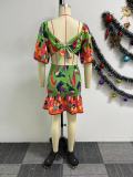 Printed Backless Lantern Sleeve Mini Dress NY-10777