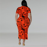 Plus Size Button Lapel Short Sleeve Long Dress GDAM-218391
