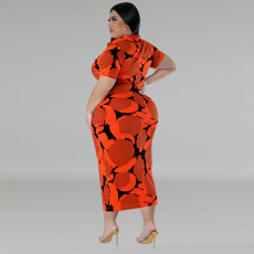 Plus Size Button Lapel Short Sleeve Long Dress GDAM-218391