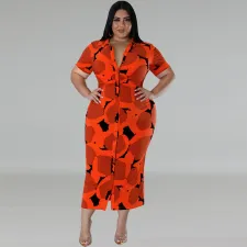 Plus Size Button Lapel Short Sleeve Long Dress GDAM-218391