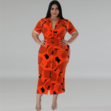 Plus Size Button Lapel Short Sleeve Long Dress GDAM-218391