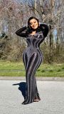 Long Sleeve Hot Drill Micro Flare Maxi Dress NY-3168