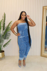 Fashion Denim Wrap Chest Patchwork Jumpsuit NY-5006