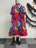 Print V Neck Zipper Big Swing Midi Dress NY-10768