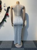 Hot Drill Pearl Patchwork Sleeveless Split Maxi Dress NY-3181