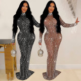 Long Sleeve Mesh Hot Drill Maxi Dress BY-6919