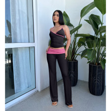 V Neck Halter Bandage Pleated Pants Two Piece Set ASL-6711