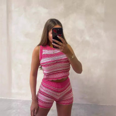 Stripe Sleeveless Tight Sweater Two Piece Shorts Set QXTF-8308