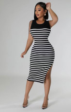 Sleeveless Stripe Print Split Midi Dress XHXF-405