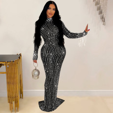 Long Sleeve Mesh Hot Drill Maxi Dress BY-6919