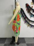 Print Sling Split Dress Two Piece Shorts Set NY-10779