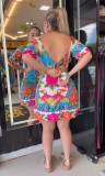 Printed Backless Lantern Sleeve Mini Dress NY-10777