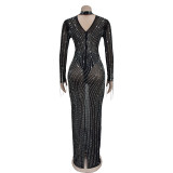 Long Sleeve Mesh Hot Drill Maxi Dress BY-6919