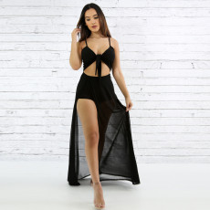 Mesh Patchwork Tie Knot Sling Maxi Dress SH-3164