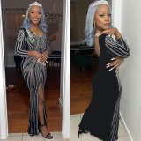 Hot Drill Long Sleeve Split Maxi Dress NY-3179
