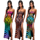 Sexy Backless Printed Tube Tops Split Maxi Dress ASL-6722