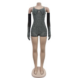Solid Mesh Hot Drill See Through Romper BY-6902