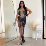 Hot Drill Pearl Patchwork Sleeveless Split Maxi Dress NY-3181