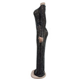 Long Sleeve Mesh Hot Drill Maxi Dress BY-6919