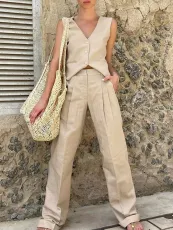 Sleeveless Vest Top And Straight Pants Two Piece Set OD-8679