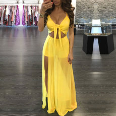 Mesh Patchwork Tie Knot Sling Maxi Dress SH-3164