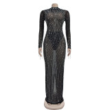 Long Sleeve Mesh Hot Drill Maxi Dress BY-6919