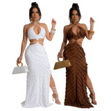 Tie Up Solid Color Slim Split Maxi Dress CYA-901188