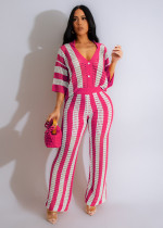 V-neck Hollow Out Striped Lapel Knit Pants Set ZSD-0318